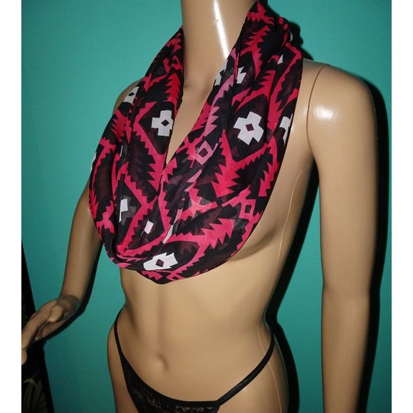 Vintage Black & Pink Southwest Motif Infinity Scarf semi sheer head wrap - Picture 1 of 14